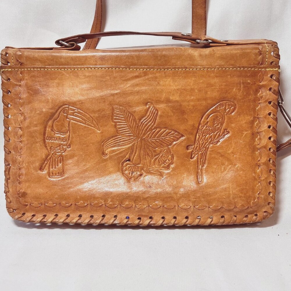Costa Rica Leather Vintage Shoulder/Crossbody Bag-Removable Strap-Camel/Tan-Rose - Picture 9 of 15